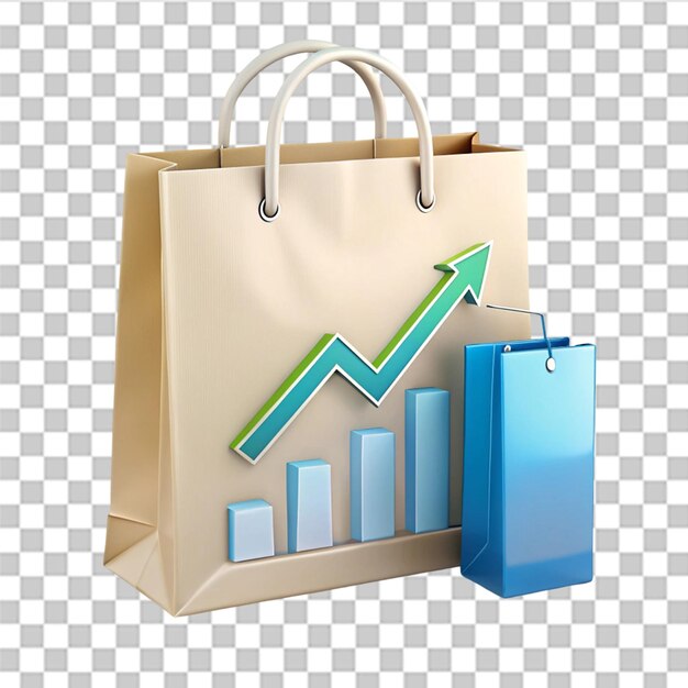 Bolsa de compras y barra gráfica con icono de flecha aislado en fondo transparente