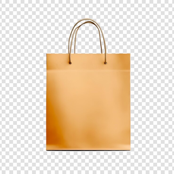 PSD bolsa de compras beige en blanco con manijas negras sobre un fondo transparente