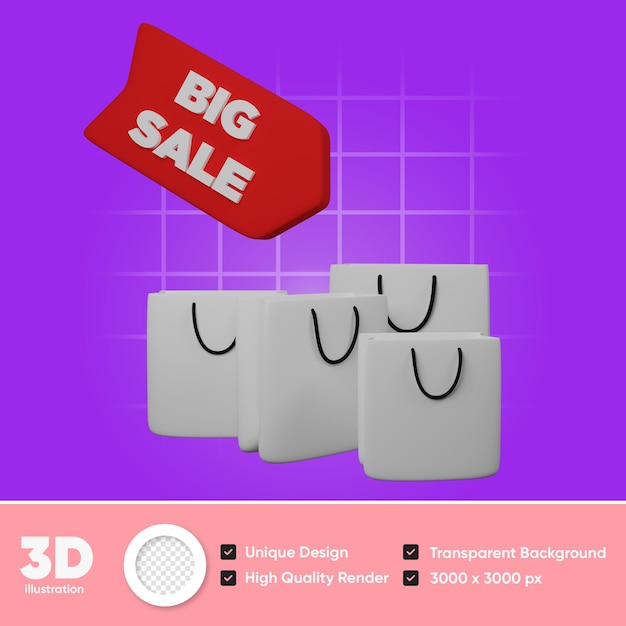 PSD bolsa de compras blanca y gran venta ilustración 3d