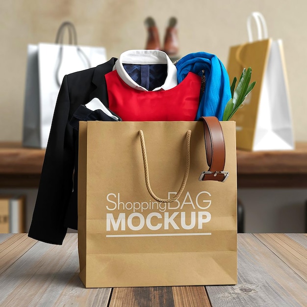 una bolsa de compras con una camisa negra y roja en ella