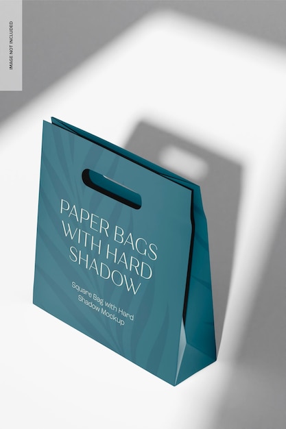 Bolsa de compras cuadrada con maqueta de sombra dura, vista de ángulo alto