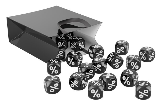 Bolsa de compras con cubos de descuento negros concepto de Viernes Negro renderización 3D aislado en fondo transparente
