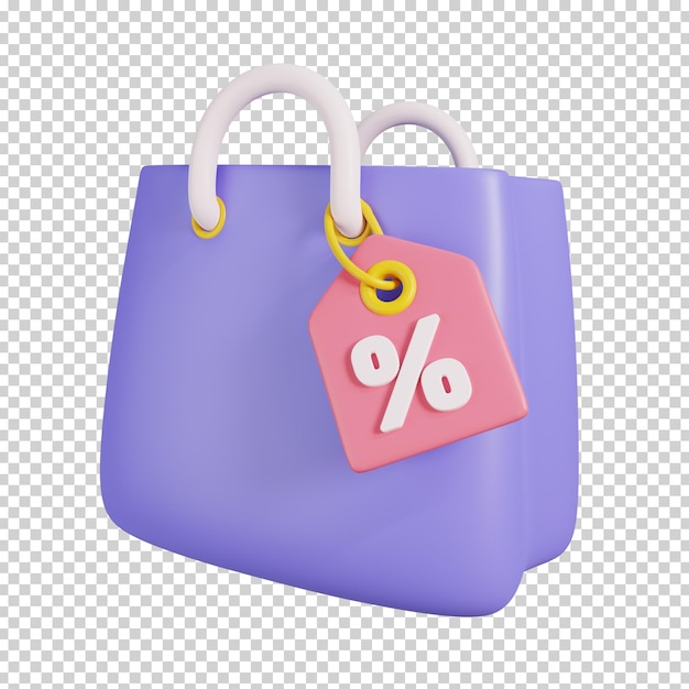 Bolsa de compras con etiqueta de precio de descuento aislada icono de compras en línea 3d render ilustración