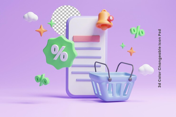 PSD bolsa de compras en línea con icono de campana de notificación o icono de cesta de venta 3d icono de campana de notificación