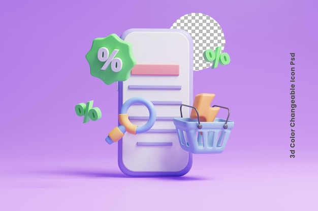 Bolsa de compras en línea con icono de campana de notificación o icono de cesta de venta 3d icono de campana de notificación