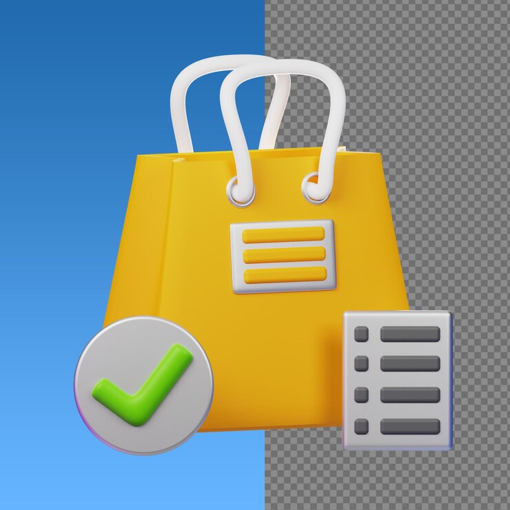 Bolsa de compras con marca de comprobación y icono de lista de comprobación