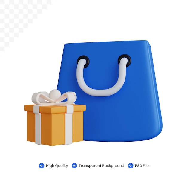 Bolsa de compras de renderizado 3d con caja de regalo aislada