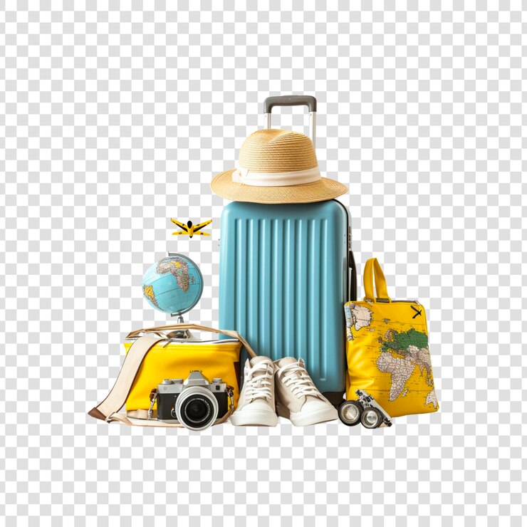 PSD bolsa de bagagem de viagem azul chapéu mapa câmera sapatos globo de avião em um fundo transparente
