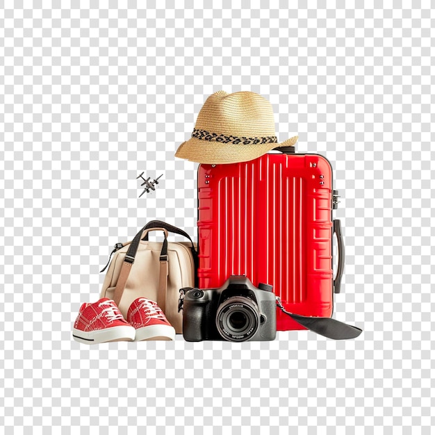 PSD bolsa de bagagem de viagem vermelha chapéu mapa câmera sapatos avião globo sobre um fundo transparente