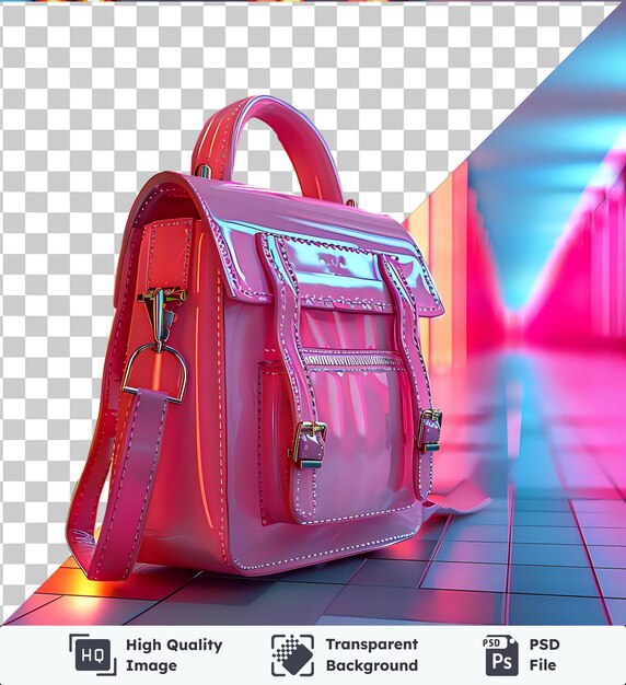 Bolsa de bolsa de mochila em um chão de telhas com um teto vermelho e rosa no fundo