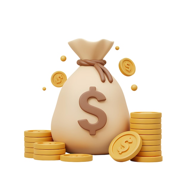 Bolsa de dinero 3D y monedas