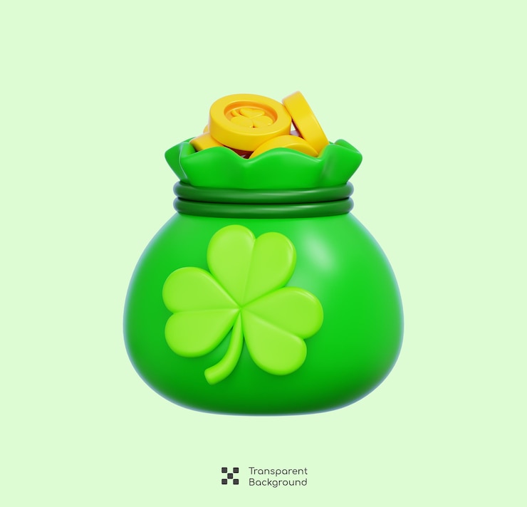 PSD bolsa de dinero llena de monedas de oro con trébol trébol para las celebraciones del día de san patricio icono 3d render