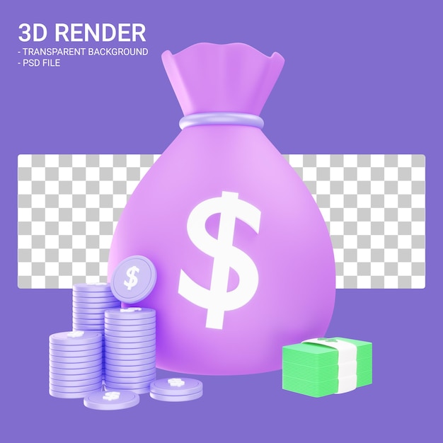 Bolsa de dinero con monedas y dinero en 3d.