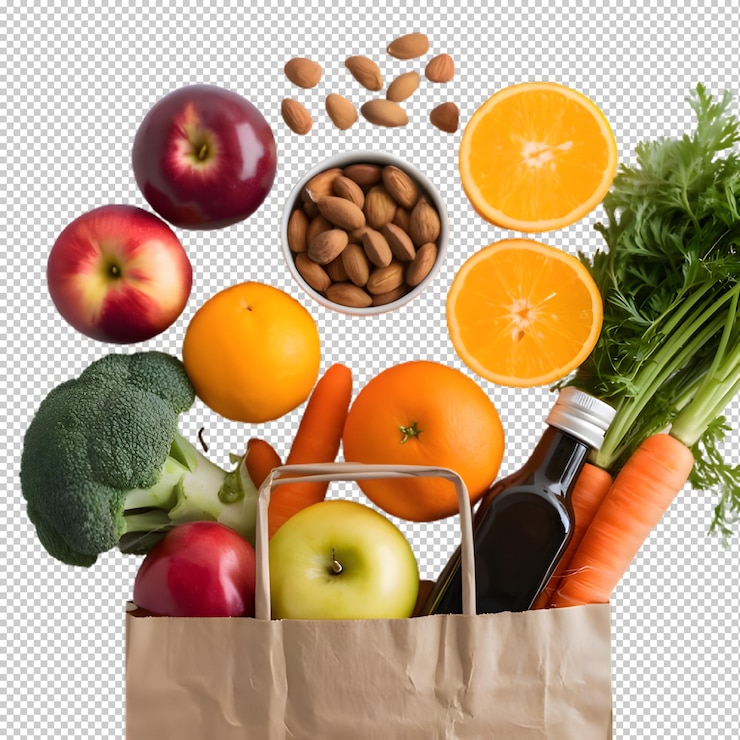 PSD una bolsa de frutas y verduras con una botella de vino en ella