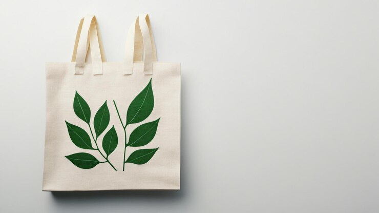 PSD bolsa de lona beige con diseño de hojas verdes colocada plana sobre una superficie blanca