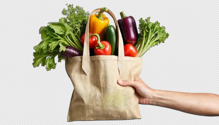 PSD bolsa de mano humana con verduras frescas para apoyar las opciones alimentarias sostenibles