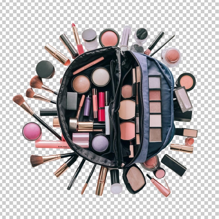 PSD una bolsa de maquillaje abierta con una variedad de productos de belleza que se derraman aislados en transparente