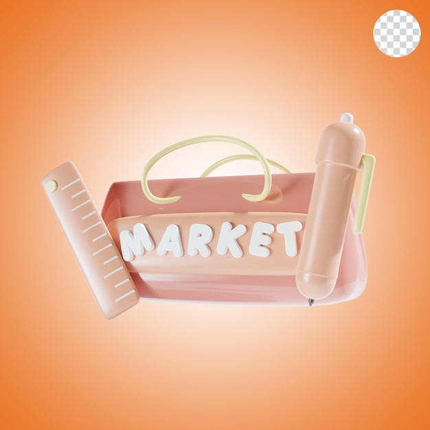 Bolsa mercado escuela 3d render en naranja tema