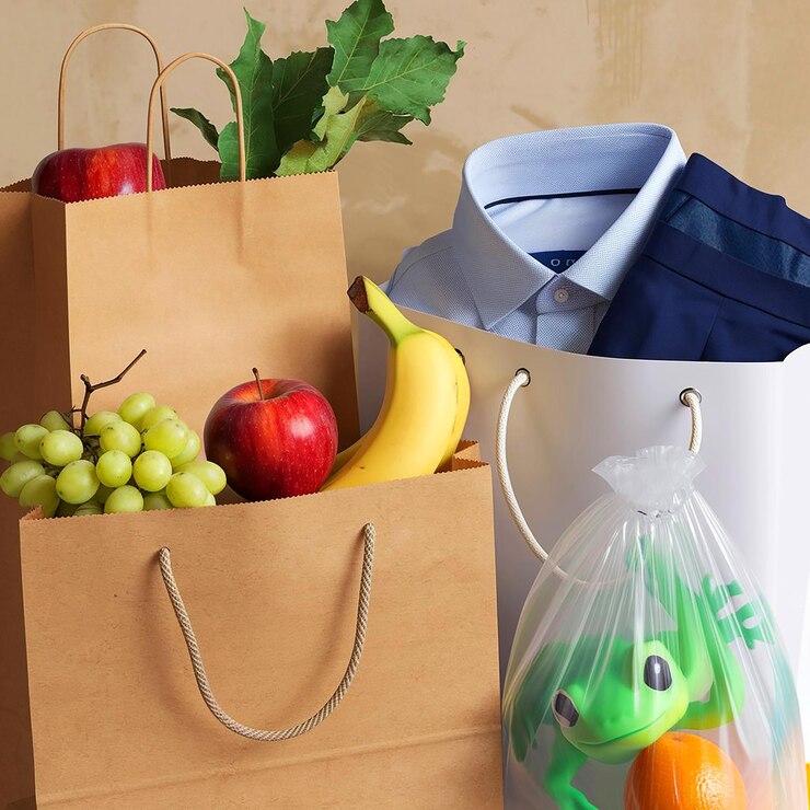 PSD bolsa de papel blanca maqueta de bolsa de compras con pared de fondo gris