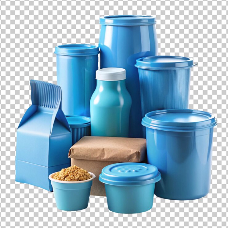 PSD bolsa de papel blanco sobre mesa gris contra azul