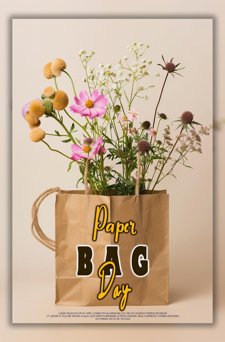 PSD bolsa de papel bolsa de ecología del día con hojas bolsa de compras que contiene varias flores fondo