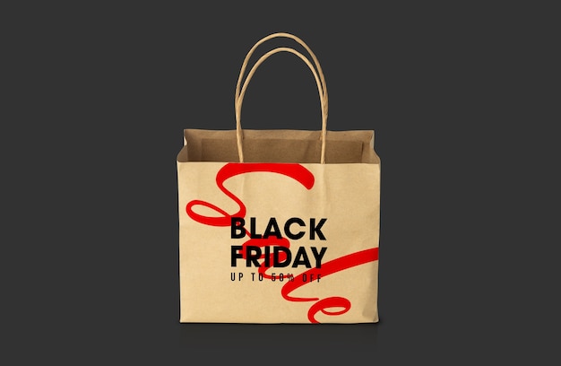 Bolsa de papel marrón kraft reciclado con maqueta de campaña de black friday