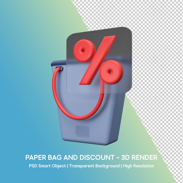 Bolsa de papel PSD y descuento con ilustración 3d.