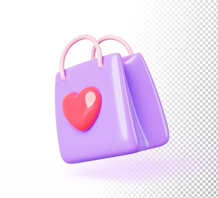 PSD bolsa de papel de tienda de renderizado 3d con corazón rojo para regalo icono aislado paquete de moda con símbolo de amor pasión por las compras paquete de regalo para el día de san valentín fiesta de la madre o boda