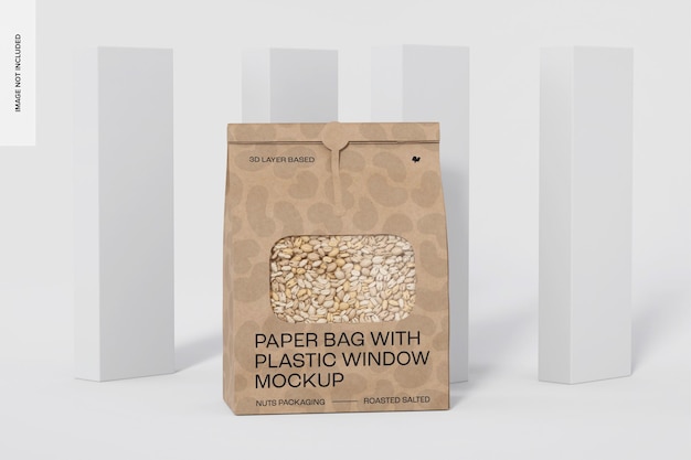 Bolsa de papel con ventana de plástico mockup, perspectiva