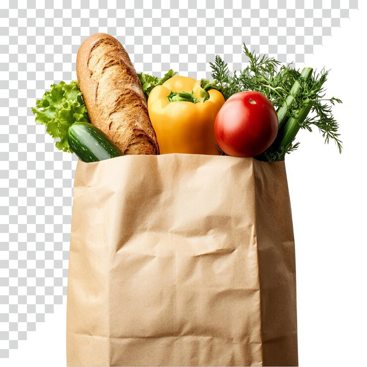 PSD bolsa de papel con verduras y frutas y pan de fondo transparente