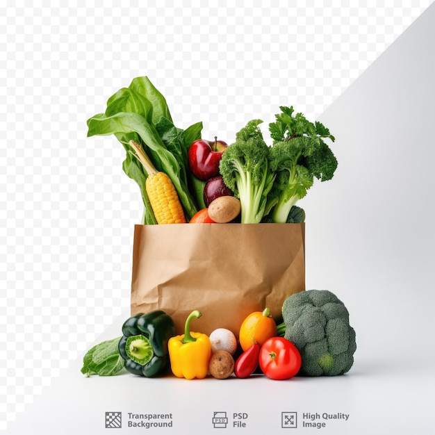 PSD una bolsa de papel de verduras y frutas y verduras con una etiqueta que dice comida orgánica.