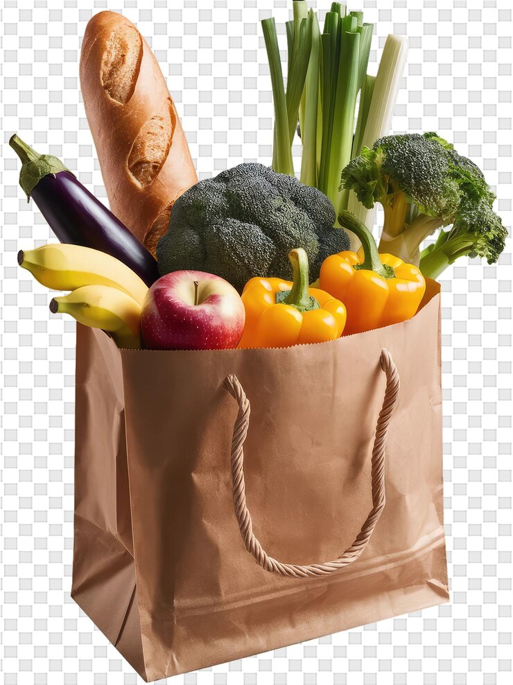 PSD una bolsa de papel con verduras y frutas y verduras