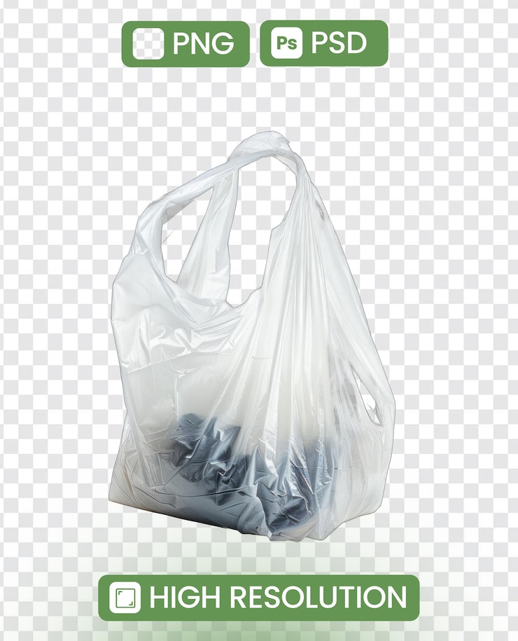 PSD una bolsa de plástico blanca con un mango está llena de un montón de artículos pequeños