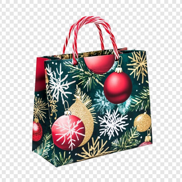 PSD bolsa de regalos de navidad de fiesta adornos rojos copos de nieve diseño verde mango de caña de caramelo