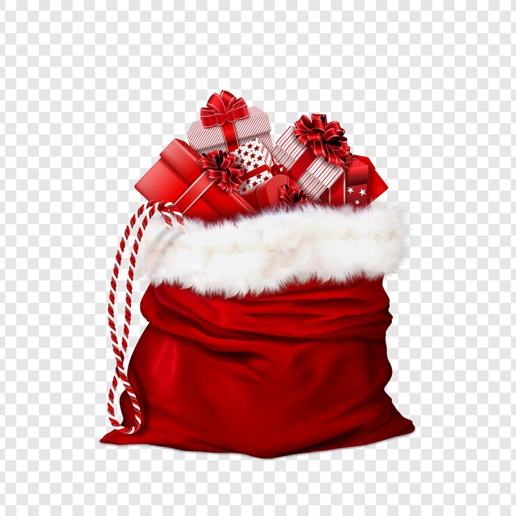La bolsa de regalos de Papá Noel está llena de regalos navideños