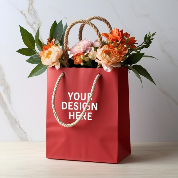 una bolsa roja con flores y una cuerda en ella