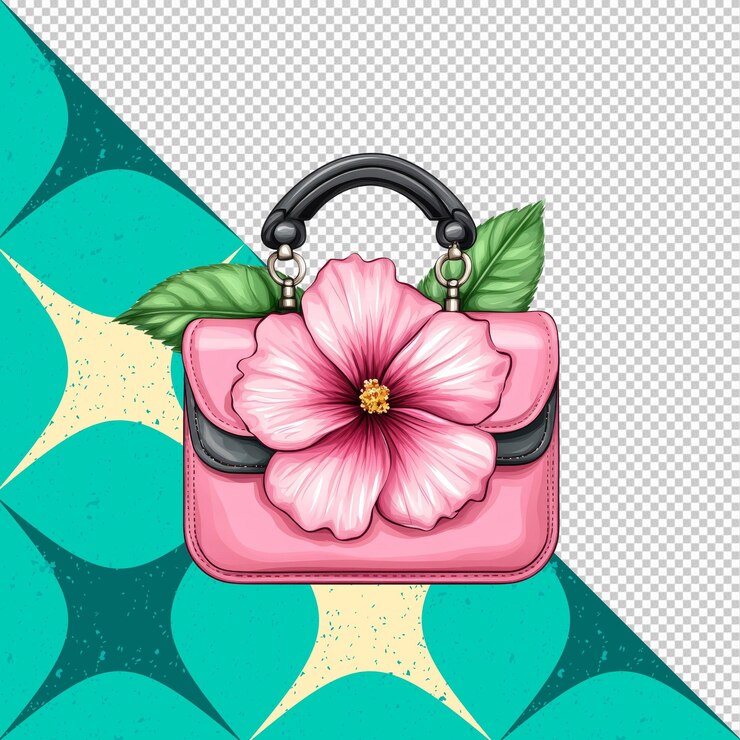 PSD bolsa rosa com flor de hibisco e folhas verdes ilustração de acessório de moda