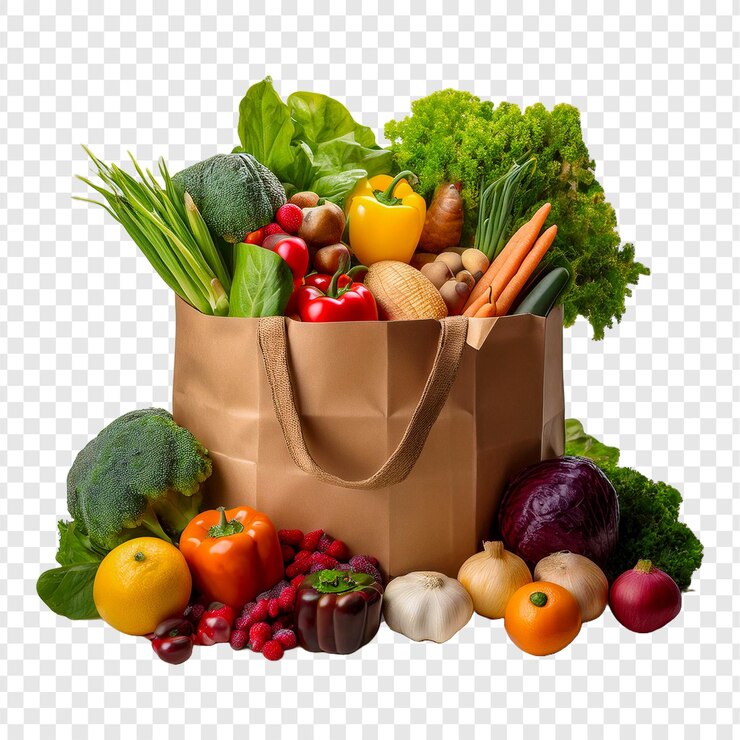 PSD una bolsa de verduras y frutas sobre un fondo blanco