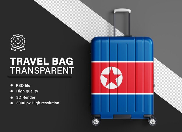Bolsa de viaje 3D con la bandera de Corea del Norte aislada en un fondo transparente