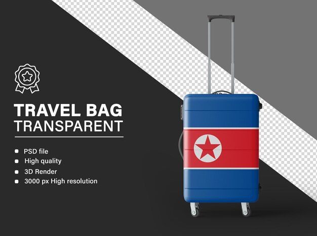 Bolsa de viaje 3D con la bandera de Corea del Norte aislada en un fondo transparente