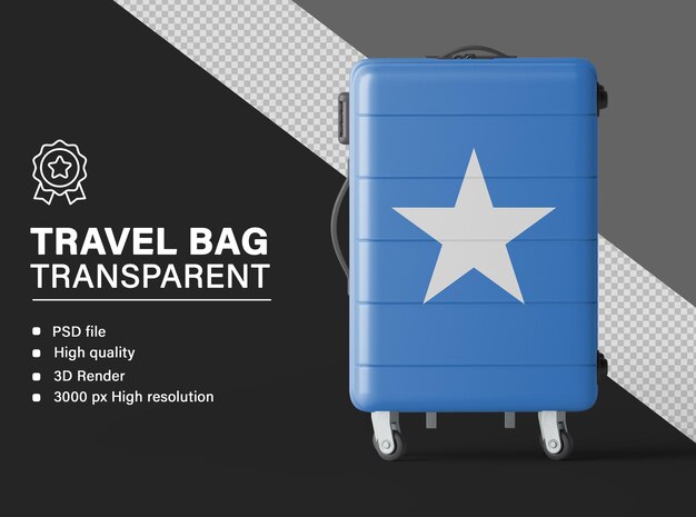 Bolsa de viaje 3D con la bandera de Somalia aislada sobre un fondo transparente