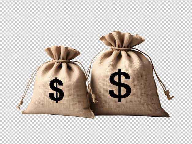 PSD bolsas de burlap con signos de dólares en un fondo transparente
