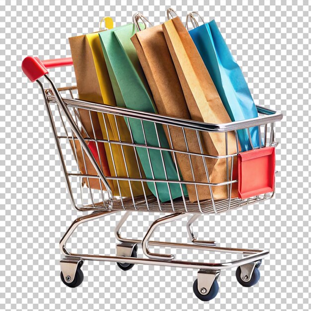 Bolsas de compras en carrito aisladas sobre un fondo transparente