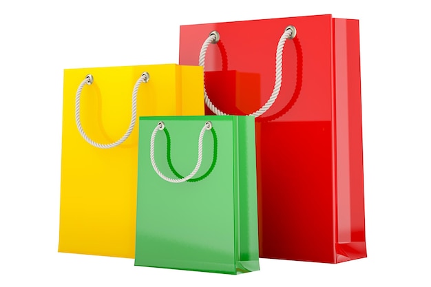 Bolsas de compras conjunto de bolsas de papel de colores renderización 3D aisladas en fondo transparente