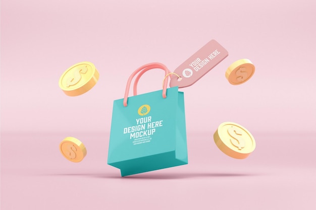 Bolsas de compras con mano y monedas Mockup 3D render