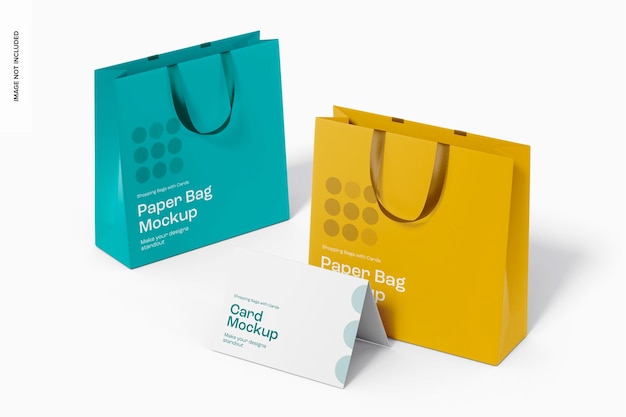 Bolsas de papel com maquete de cartão, vista em alto ângulo