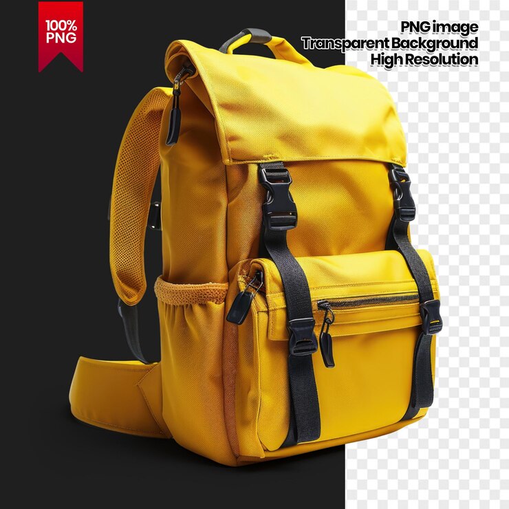 PSD bolsas de mochila amarillas aisladas con fondo eliminado