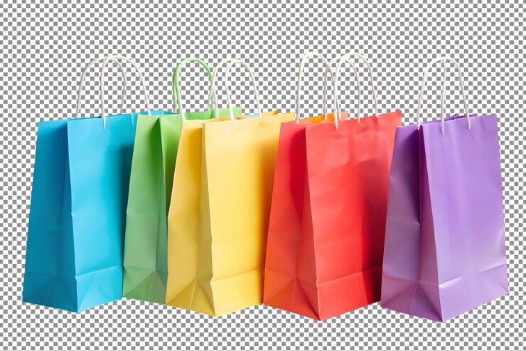 PSD las bolsas de papel de compras de colores alegran sus aventuras de venta al por menor