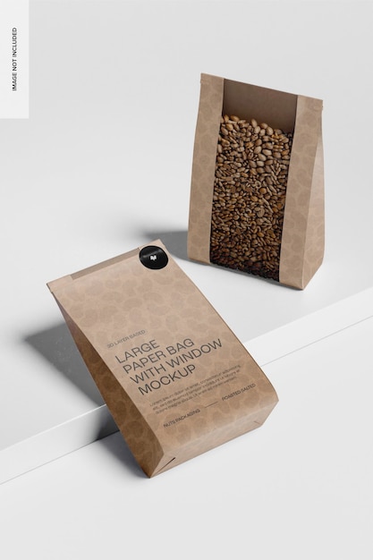 Bolsas de papel grandes con maqueta de ventana, vista de ángulo alto