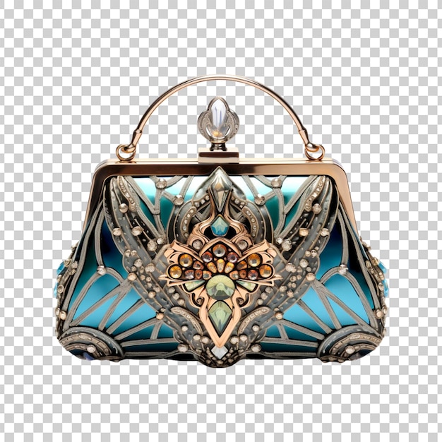 PSD bolso azul y dorado con flores en un fondo transparente